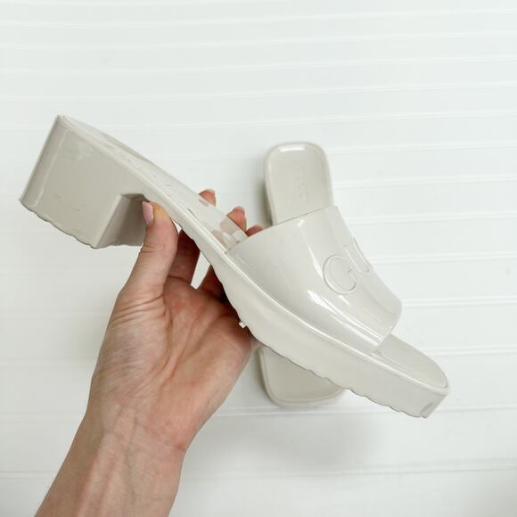 Gucci Rubber Logo Sandals Plastique White PVC Glossy Mule Platform Slide 41 - Picture 4 of 13